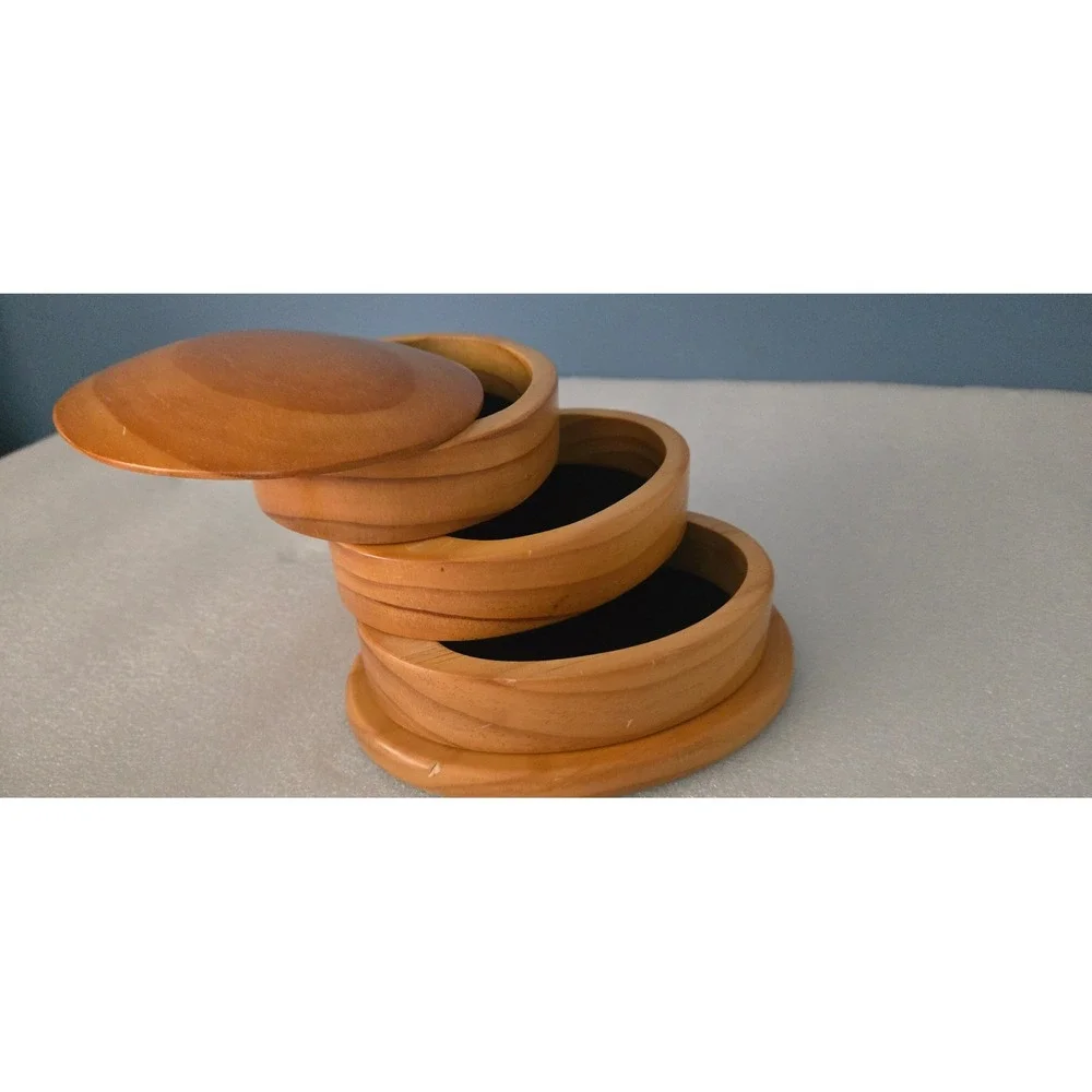 Vintage 3 Tier Wooden Swivel Jewelry Box Black Felt Lined Rotating Trinket Box